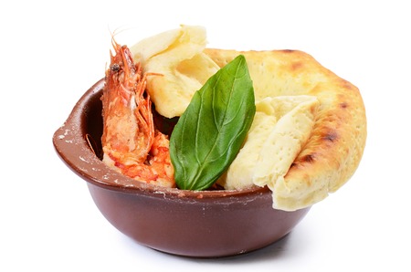 Shrimp baked under a grain crust isolatedの写真素材