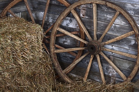 The old wooden wheel on a hayの写真素材