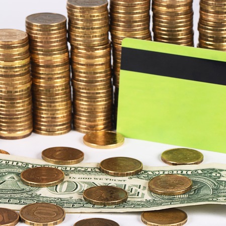 Gold money stack close up. Business concept.