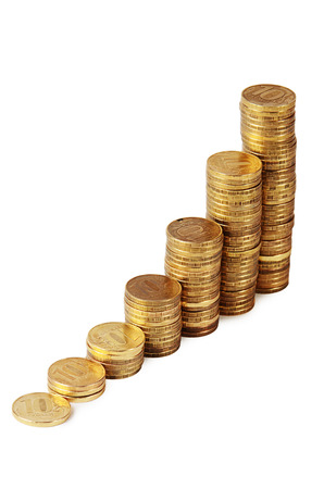 Gold money stack isolated on white backgroundの写真素材