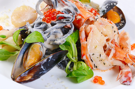 The black spaghetti with seafood close upの写真素材