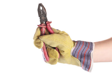 Pliers in man's hand isolated on whiteの写真素材