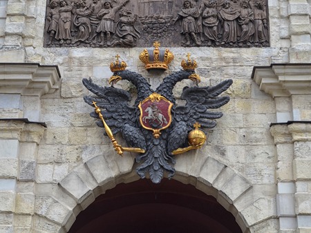 Double-headed eagle on the facade of the buildingの写真素材