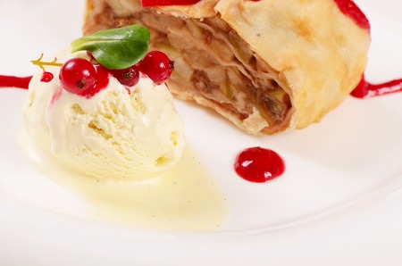 The vanilla ice cream with a Apple strudelの写真素材