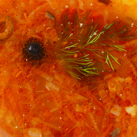 Solyanka soup with olives and onions close-upの写真素材