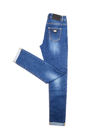 Blue female jeans isolated on white backgroundの写真素材