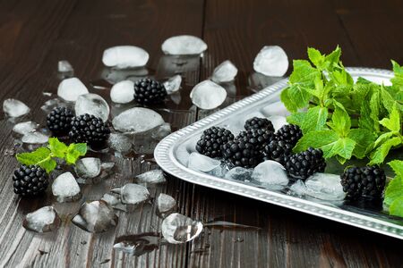 Blackberries and mint with ice on silver tray over dark rustic wooden table. Summer backgroundの写真素材
