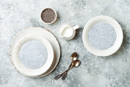 Healthy breakfast set. Chia seed pudding bowlsの写真素材