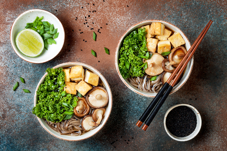 Miso and soba noodles soup with kale, shiitake mushrooms, 
roasted tofuの写真素材