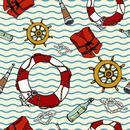 Vector seamless pattern with sea elements: life preserver, anchor, a telescope, a bottle with a letter rope wheel. a fun collection of adventureのイラスト素材