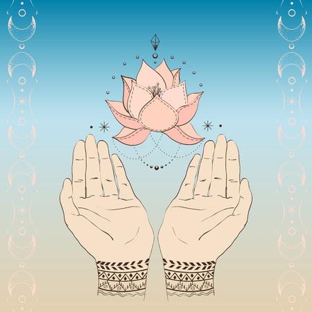 Two hands with mehendi patterns and lotus flower floating in the air as a symbol of enlightenment on pink-blue backgroundのイラスト素材
