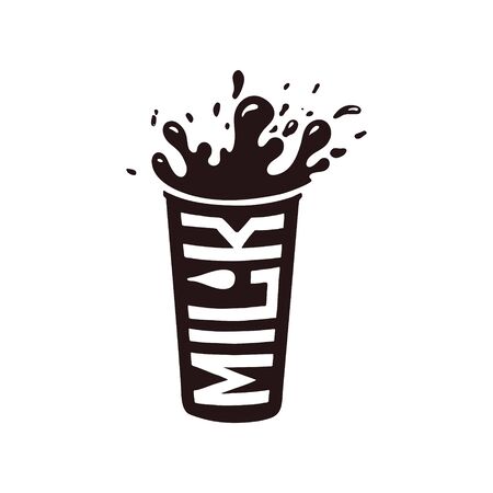 A glass of milk with splashes and the word milk. Vector silhouette of black color.のイラスト素材
