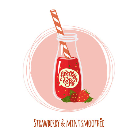 Strawberry & mint smoothie. Cute bottle of healthy cocktail. Detox drink.のイラスト素材