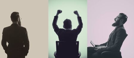 Three various silhouettes of a bearded man in a business suit with glasses on  toned background. Black and white image.の写真素材