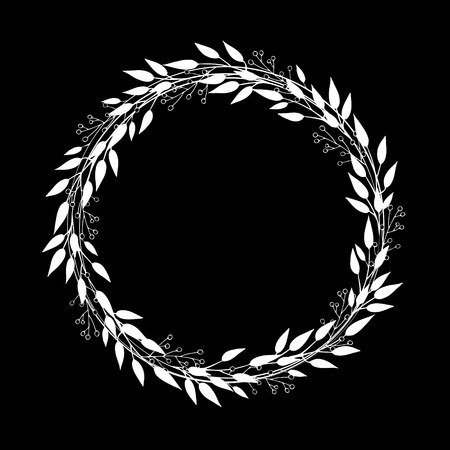 Vector wreath of branches with leaves and berries. Simple minimalist round frame made in white and black. Decor for invitations, greeting cards, posters.のイラスト素材