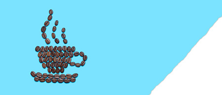 Coffee beans lined in the form of mug with a saucer with a fragrant drink on blue background.  Coffee cup icon. Creative design for banners, flyers, posters, etc.の写真素材