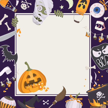 Vector background with halloween icons and square frame. Trick or Treat Concept. Cheerful template with traditional elements for halloween: pumpkin with a treat, witch hat, cauldron, skull and crossbones and etc.のイラスト素材