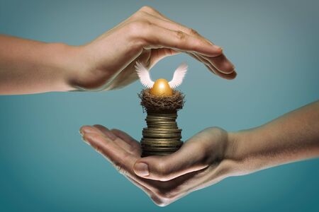 Golden egg in nest on stack of coin. Safety gesture. Concept safe custody of cash. Imageの写真素材