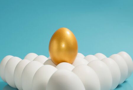 Concept of individuality, exclusivity, better choice. One golden egg among white eggs on blue...