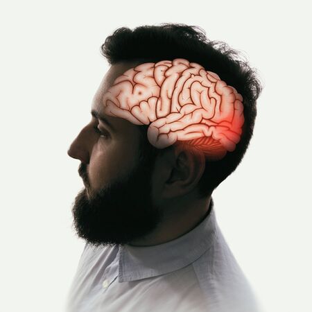 Concept of Head Pain. Sad man with headache, migraine, stress, PTSD etc. Image