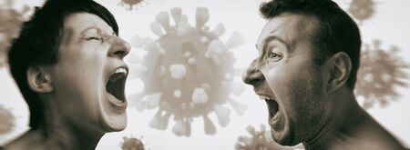 Man and woman yell at each other on background with coronavirus. Black and white.の写真素材