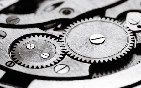 Clockwork gears wheels, close up view. Industry background. Black and white.の写真素材