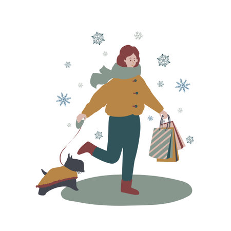 Hand drawn vector illustrations. It's snowing and a girl walks with her dog and with shoppingのイラスト素材