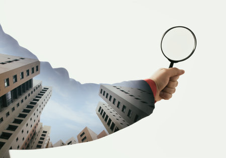 Multiple exposure with magnifier and new buildings. Concept of real estate.の写真素材