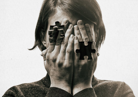 Self-destruction Ñoncept. Woman covers her face her hands on background with falling pieces of...