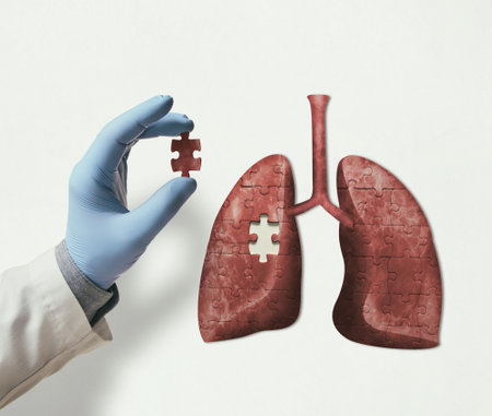 Puzzle with illustration of human lungs and doctor hand with the missing piece of puzzle. Lungs treatment concept.の写真素材