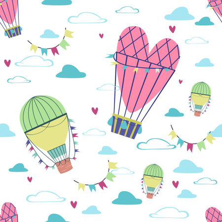 Cute seamless pattern on air balloons, clouds and flagsのイラスト素材