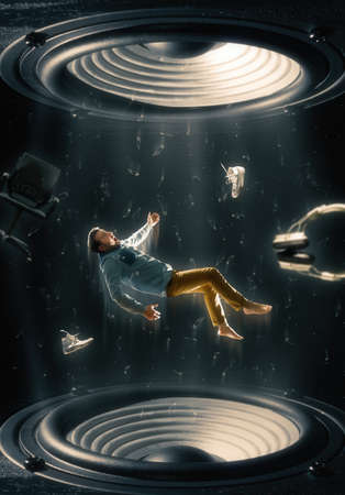 The sound wave from speakers throws upwards a screaming man, office chair and other subjects.