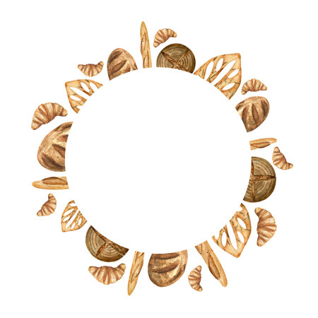 Template for bakery.  round frame of different types of bread and croissantsの写真素材