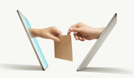 Private correspondence between two people via a digital tablet and a smartphone.