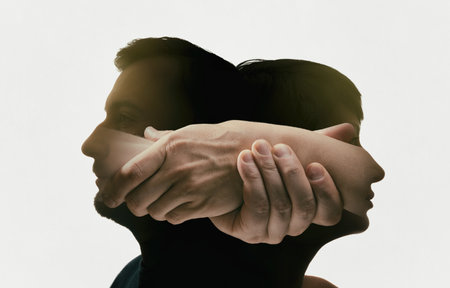 Multi exposure with silhouette of man and woman and their hands are connected to each other. Image. Concept of love relationship, unity, parting.の写真素材
