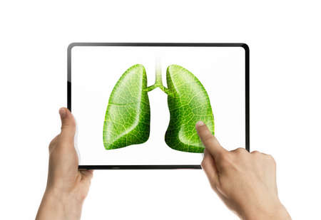 Hand touches a lungs on a laptop screen. Online consultation, medical test results.