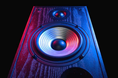 Sound speaker in neon light on black.の写真素材