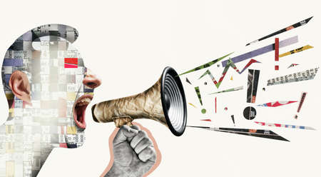 Speaker with megaphone in his hand. Art collage. Concept of communication.の写真素材