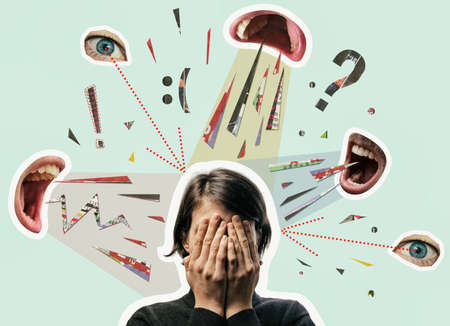 Collage with a woman covering her face and screaming mouths. Bullying, abuse, harassment. Concept.の写真素材