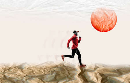 Art collage with fast runner in paper desert.の写真素材