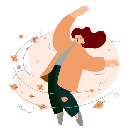 Woman in coat and strong gust of autumn wind with leavesのイラスト素材