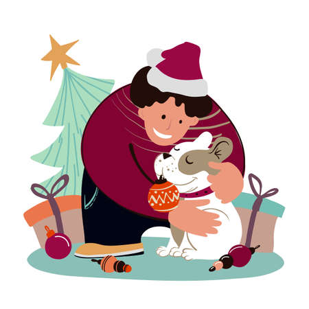A young man guy is decorating a Christmas tree with his dog assistant French Bulldog. Vector illustration. Cute charactersのイラスト素材