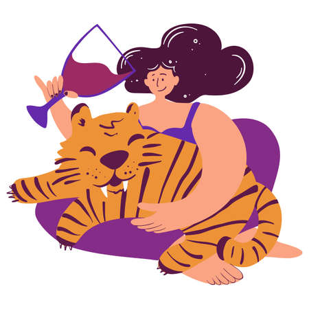 Woman with a glass of wine with a big wild cat on her lap. Celebrates the new year 2022, the year of the tiger of the Chinese calendar. Strong woman, girl powerのイラスト素材