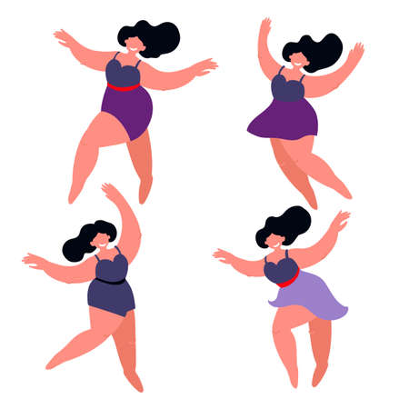 Set of plus size dancing women. 4 poses and variations in one color palette. Bodypositive, love of selfのイラスト素材