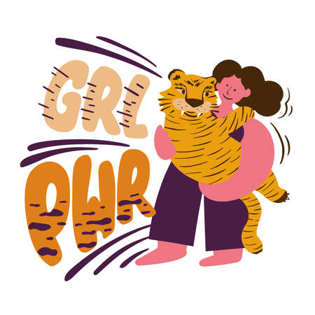Woman holding a tiger in her arms the symbol of the new 2022. Strong woman and big wild cat. Girl powerのイラスト素材