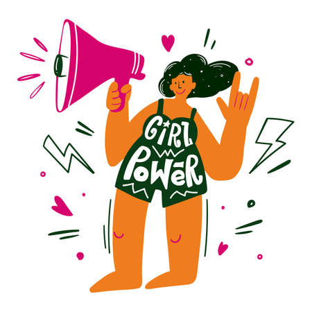 Girl with a megaphone in hand. Activist and fighter for women's rights. Girl powerのイラスト素材