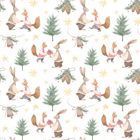 Watercolor seamless pattern from forest animals, fairy characters, zoo family. Fairy forestの写真素材
