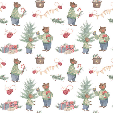 Watercolor seamless pattern with bear family, bears are preparing for christmasの写真素材