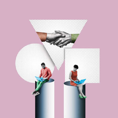 Making a deal between two partners, art collage. business concept.の写真素材