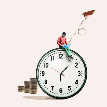 A man with a laptop is sitting on a big clock, art collage.の写真素材